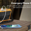 An emergency phone charger with a solar panel and USB output port is shown next to a smartphone.