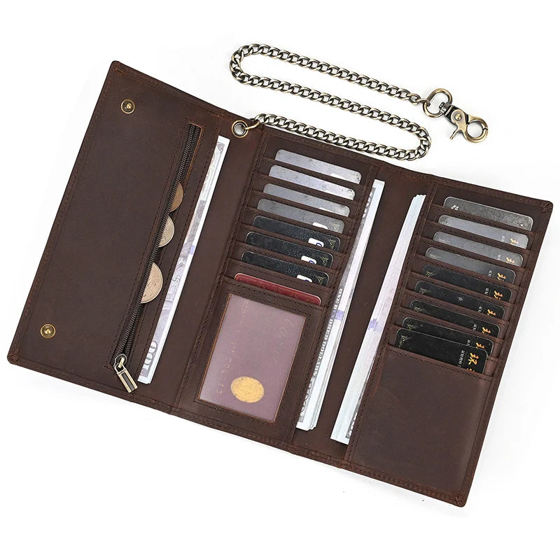 Vintage Leather Bifold Wallet with Metal Chain