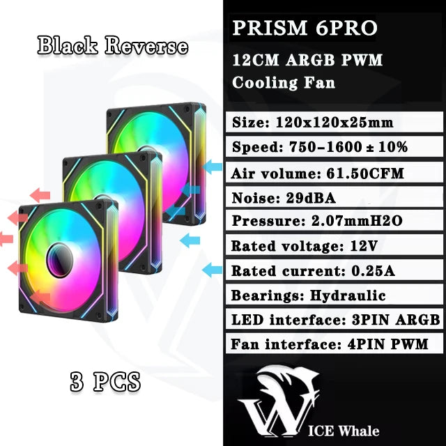 Schwarzer Reverse Prisma 6Pro Kühlventilator mit 12cm ARGB PWM und einem Kühllüfter.
