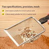 Stainless steel cat litter scoop with fine mesh sifter showing two different mesh sizes for walnut sand
