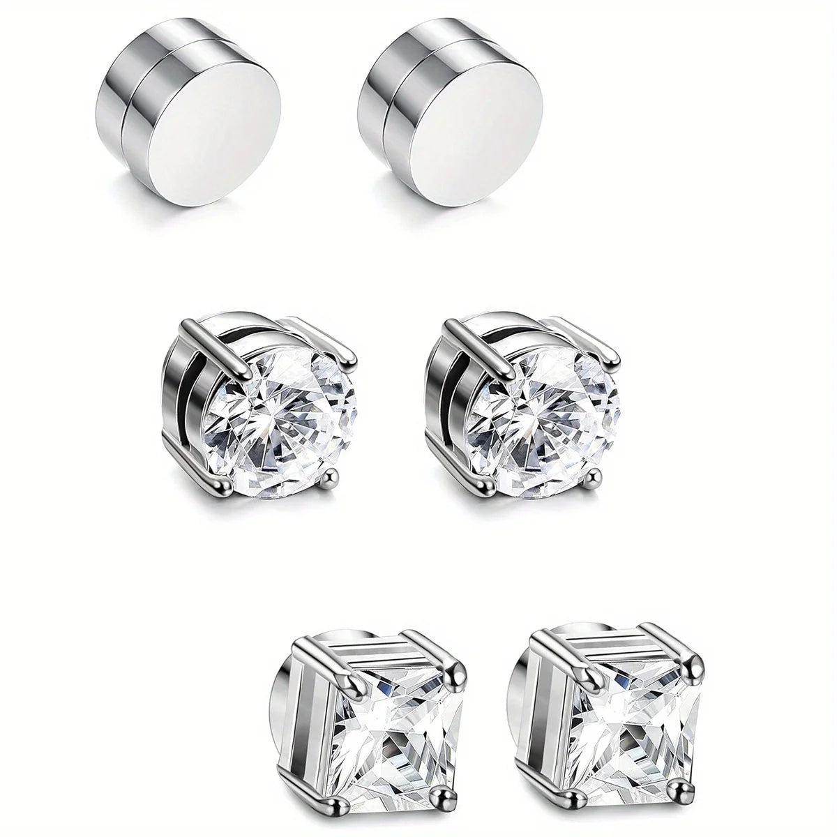 A set of crystal magnetic stud earrings shown in various angles and close-ups.