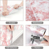 Various views of self-adhesive marble wallpaper demonstrating durability, waterproof properties, self-adhesive application, a