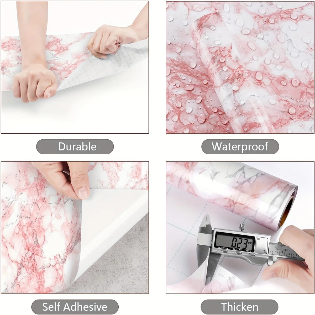 Various views of self-adhesive marble wallpaper demonstrating durability, waterproof properties, self-adhesive application, a