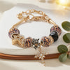 Leopard Cross & Black Beaded Bracelet with Sparkling Crystal Accents