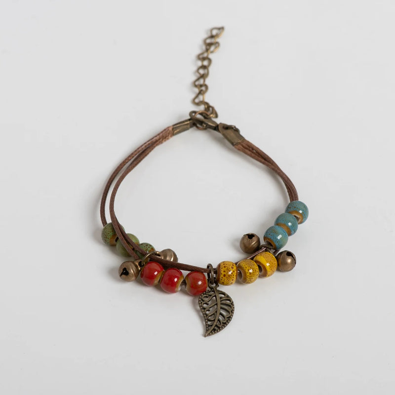 Adjustable Ceramic Bead Bracelet with Leaf Pendant