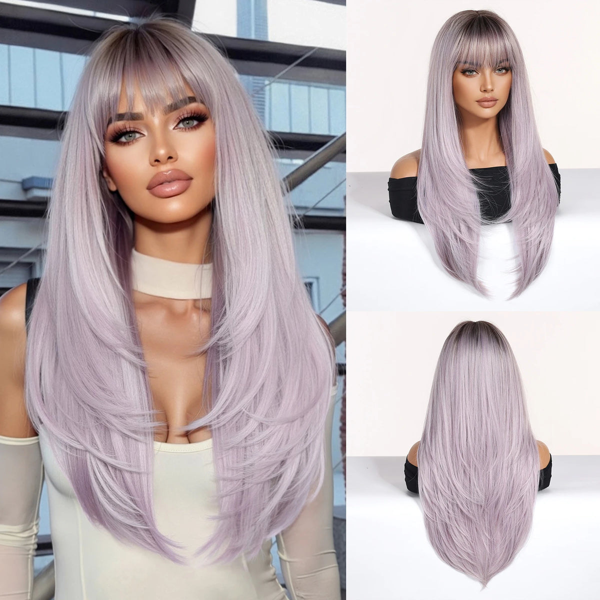 Rose Gold Layered Straight Wig with Bangs