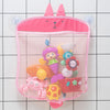 Pink mesh bag with a duck face and suction cups holding colorful bath toys