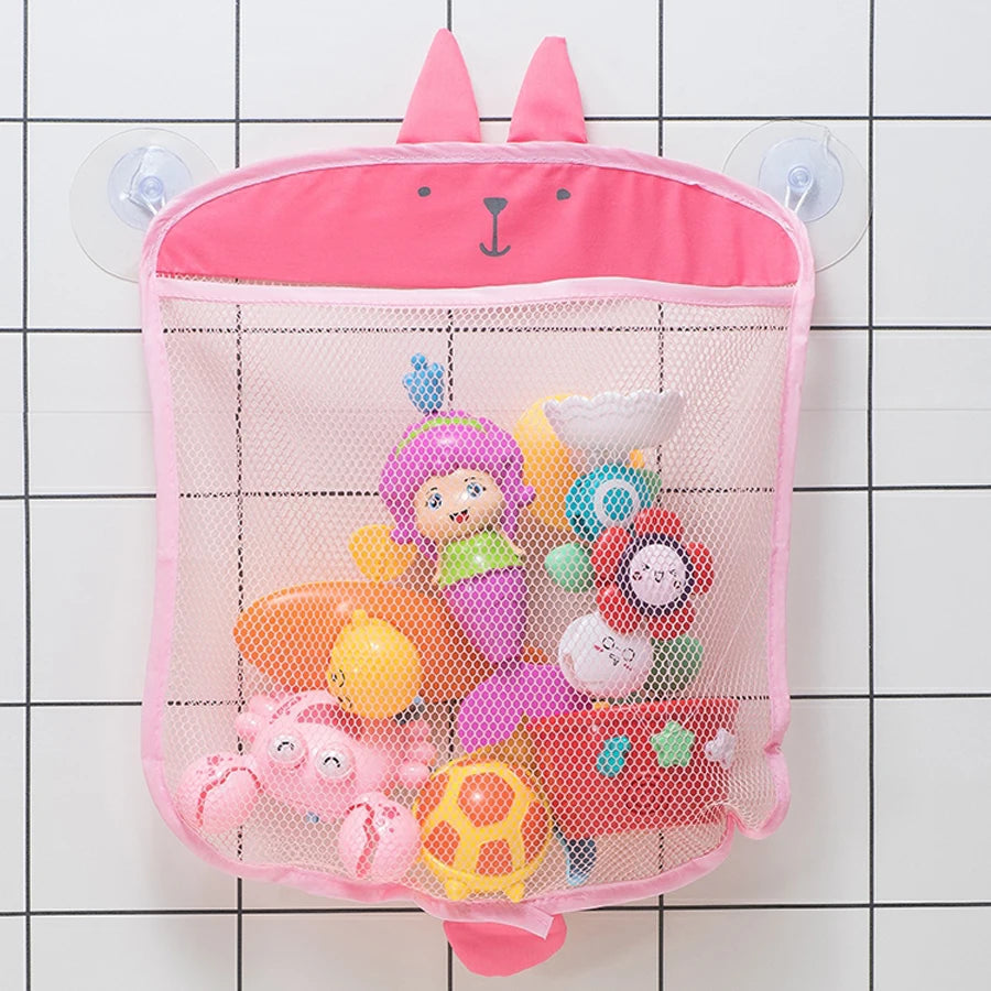 Pink mesh bag with a duck face and suction cups holding colorful bath toys