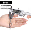 A hand holds a 3mm stainless steel chain and a digital caliper measuring its thickness.