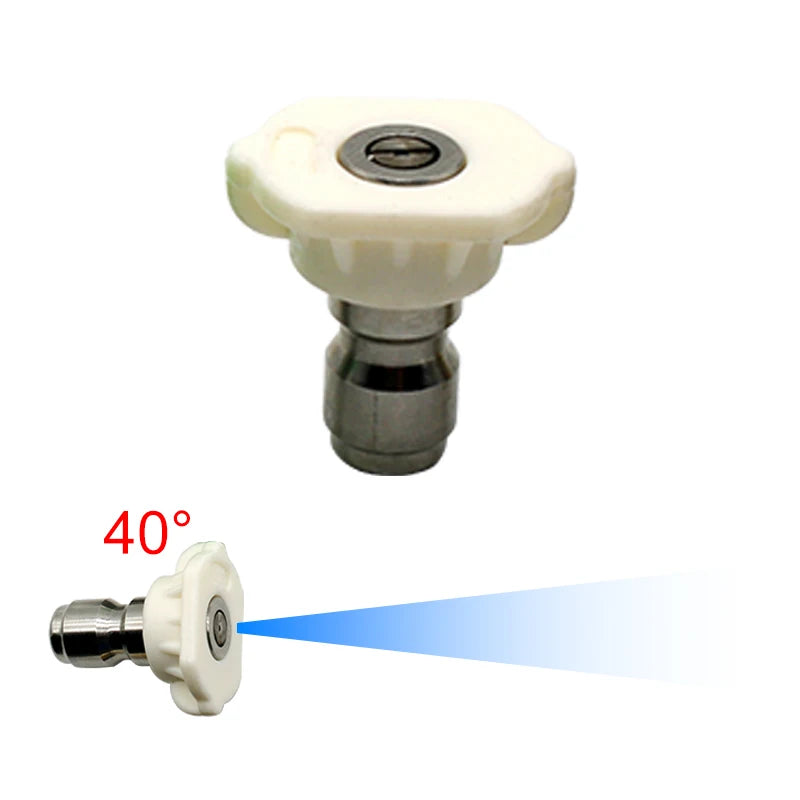 A white quick-connect pressure washer nozzle set with a 40 degree spray angle.