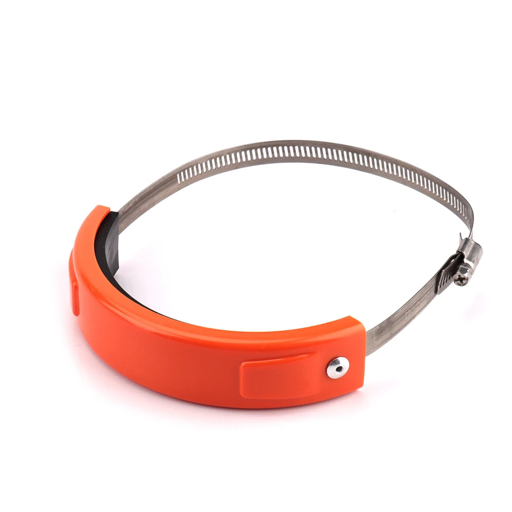 Orange universal dirt bike exhaust guard with a metal ring and mounting hardware