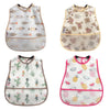 A set of four waterproof adjustable baby feeding bibs featuring various patterns and designs for infants.