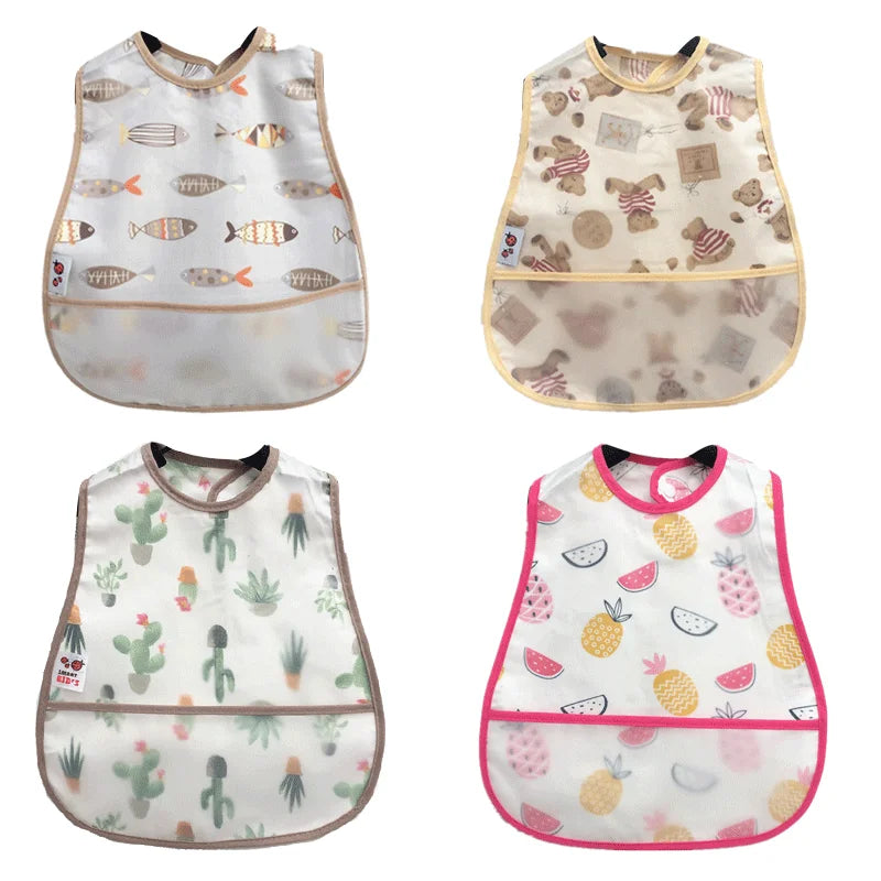 A set of four waterproof adjustable baby feeding bibs featuring various patterns and designs for infants.