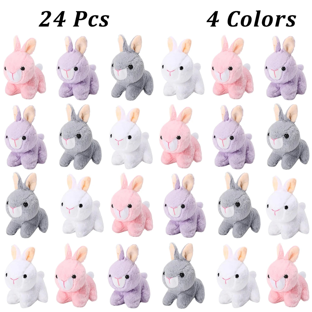 A collection of mini plush bunny toys in four colors pink lavender gray and white arranged in a grid.