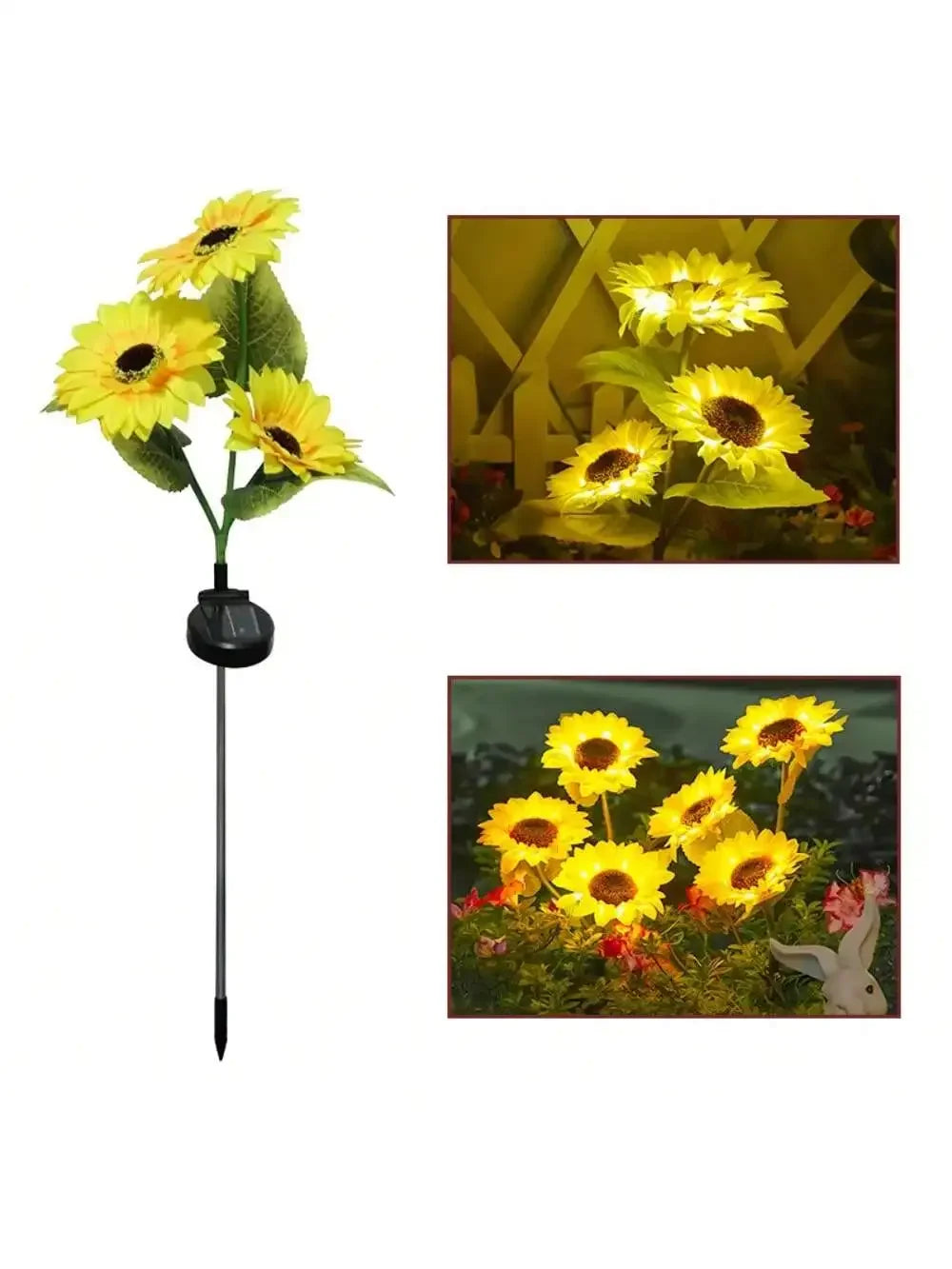 A solar-powered LED sunflower garden light featuring bright yellow flowers and green foliage.