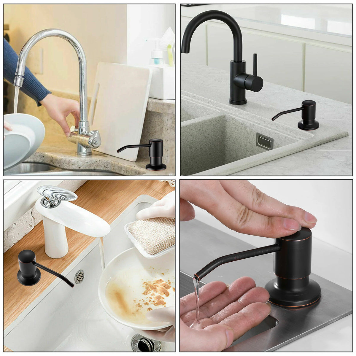 Stainless steel liquid soap dispenser with a black extension tube being used in a kitchen sink.
