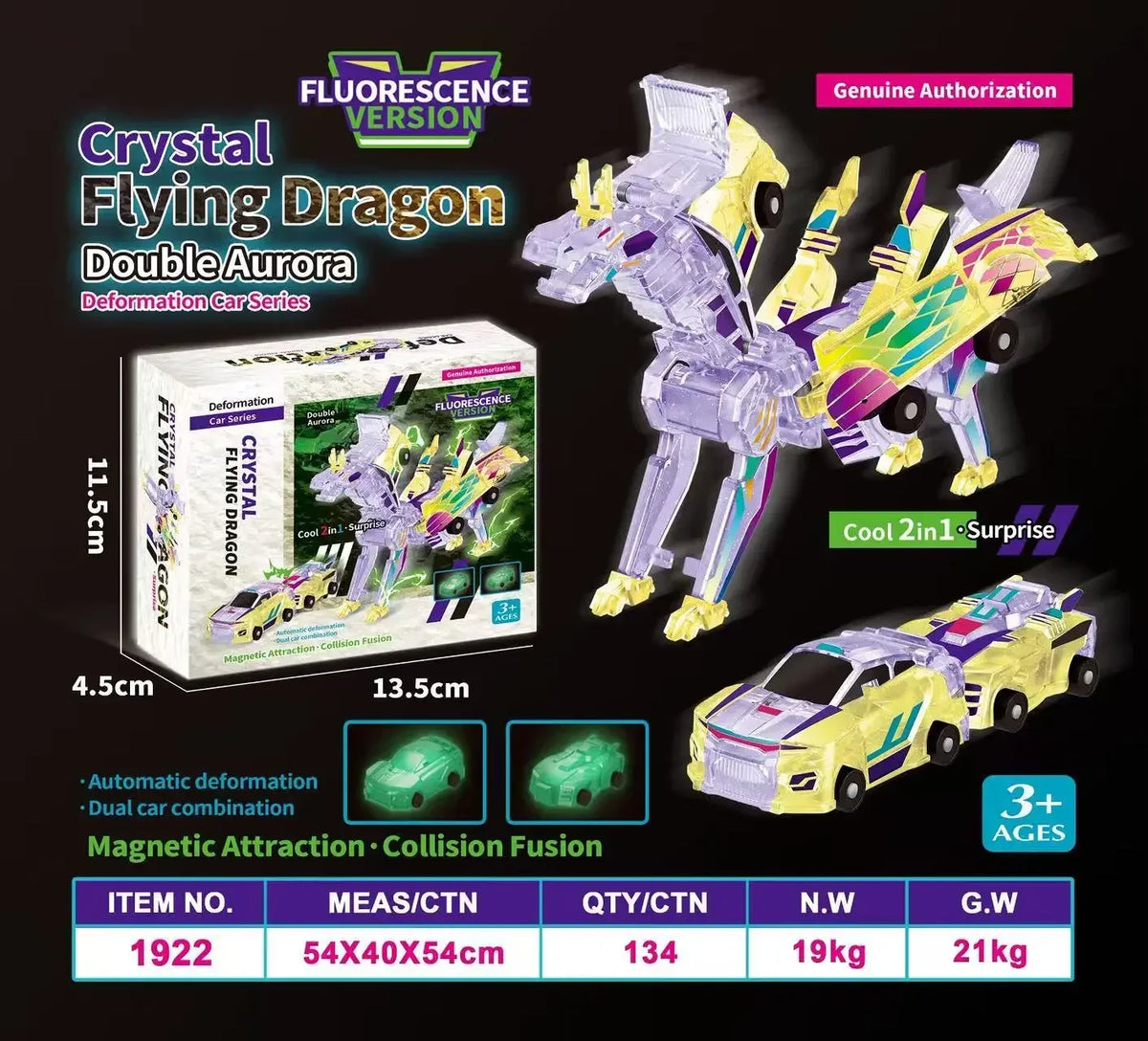 A purple and yellow fluorescent crystal flying dragon double aurora transforming toy car set.