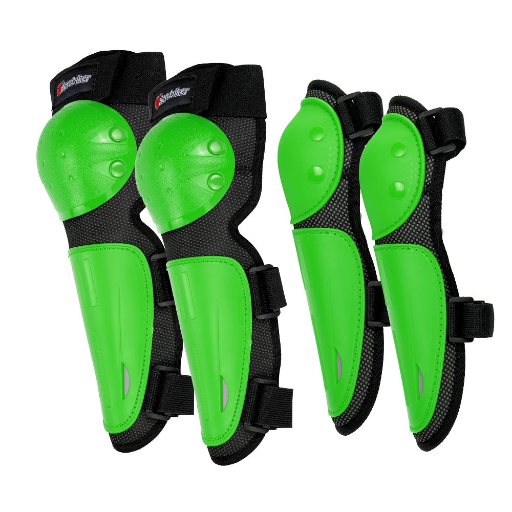 A set of bright green motocross body armor elbow and knee pads for children.