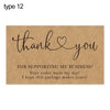 A kraft paper thank you note with handwritten script saying thank you for supporting my business and a message about the orde
