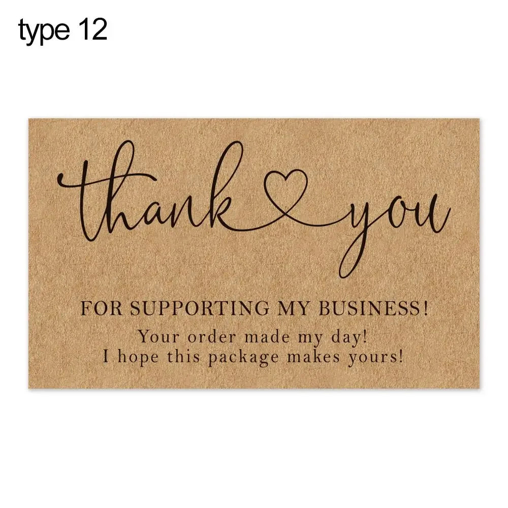 A kraft paper thank you note with handwritten script saying thank you for supporting my business and a message about the orde
