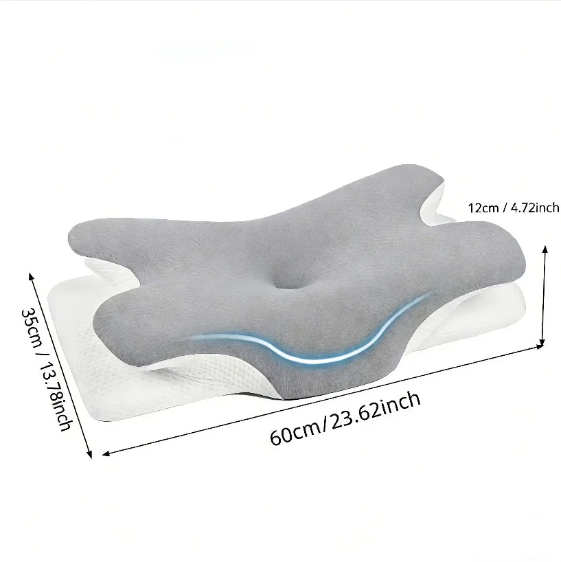 Graue ergonomische Memory-Foam-Nackenkissen mit hellblauer Akzentlinie, flach dargestellt
