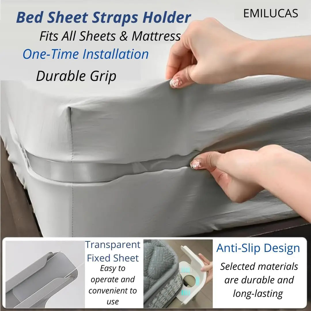 Hands are installing bed sheet straps holder clips onto a mattress cover for secure bedding installation.