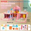 A pink 2-floor dollhouse with accessories and dolls, including furniture, a staircase, and various figures.