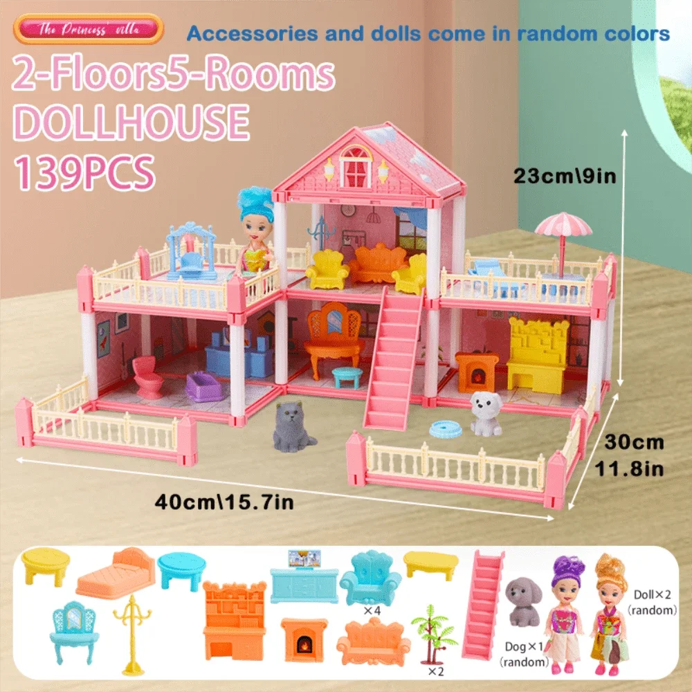 A pink 2-floor dollhouse with accessories and dolls, including furniture, a staircase, and various figures.