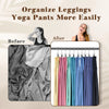 Before and after comparison showing how to organize leggings and yoga pants using stainless steel clothespins with hooks