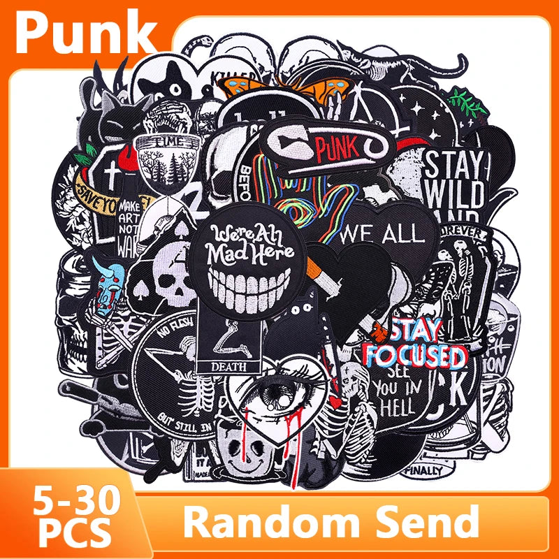 A variety pack of black embroidered punk patches for DIY clothing customization