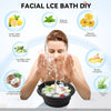 A woman is using a black silicone ice bath bowl for facial cleansing with various natural ingredients like lemon, cucumber, a