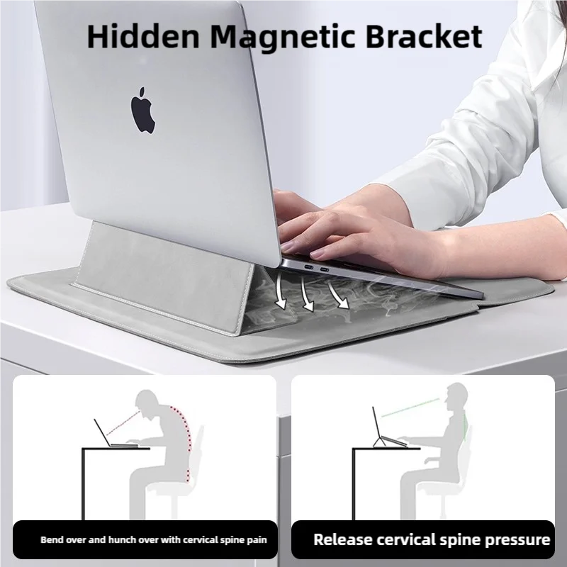 A hand places a laptop onto a hidden magnetic bracket designed to relieve cervical spine pressure.