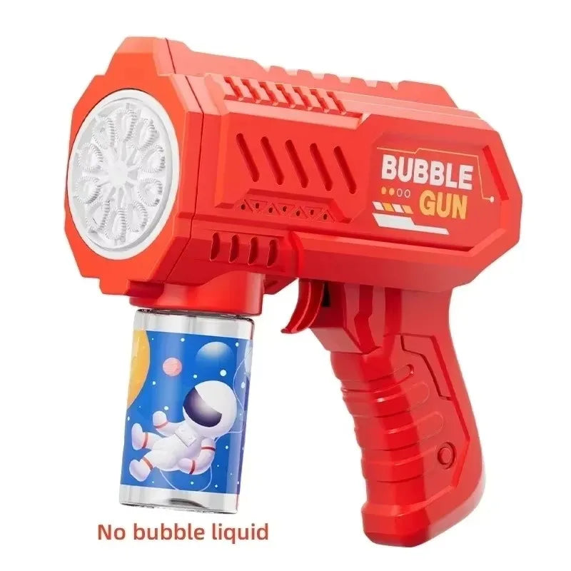 Red astronaut bubble gun toy with a silver can and a white bubble is visible.