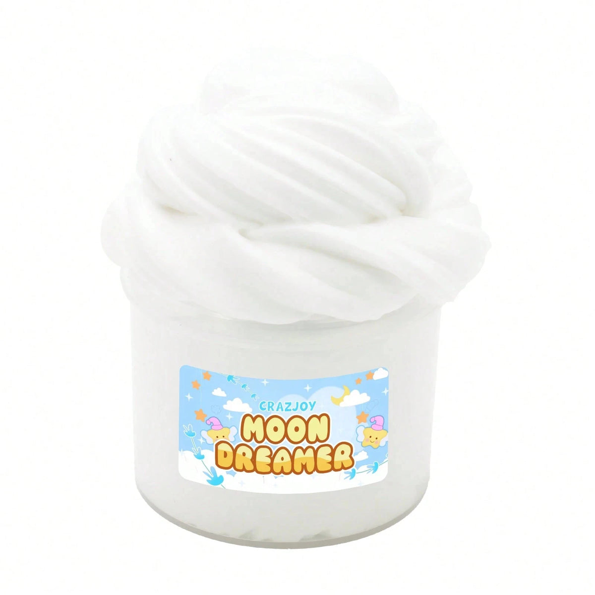 A white jar of moon dreamer non-sticky butter slime with a swirl of white foam on top.