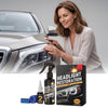 A woman is applying a headlight restoration kit to a car's headlight, with the product box visible below.