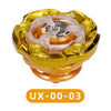 A gold and orange metal spinning top battle toy with a clear plastic launcher mechanism.