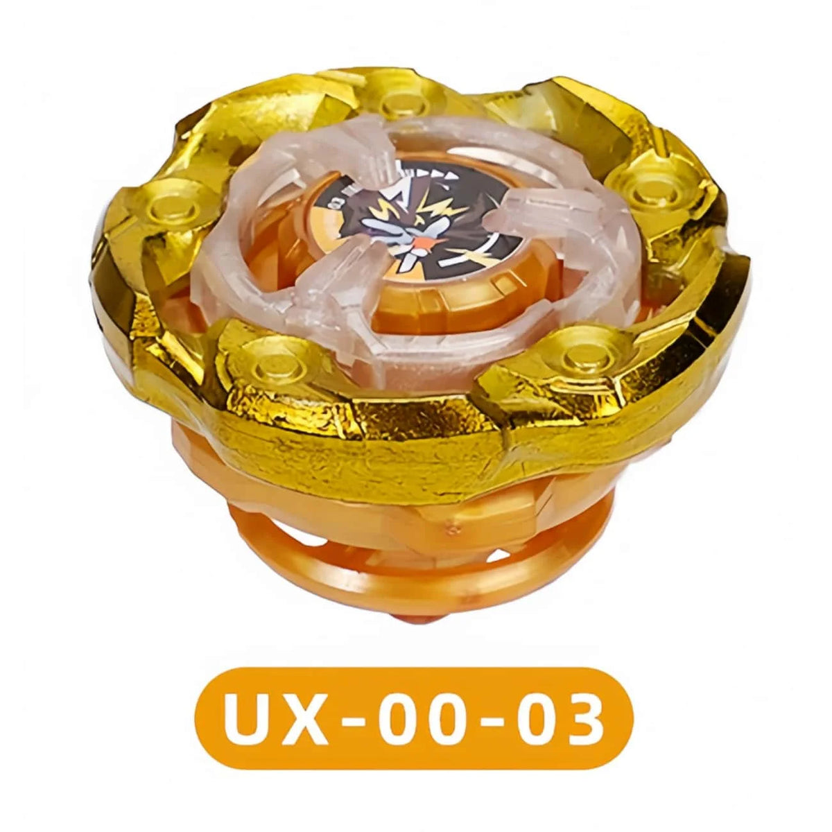 A gold and orange metal spinning top battle toy with a clear plastic launcher mechanism.