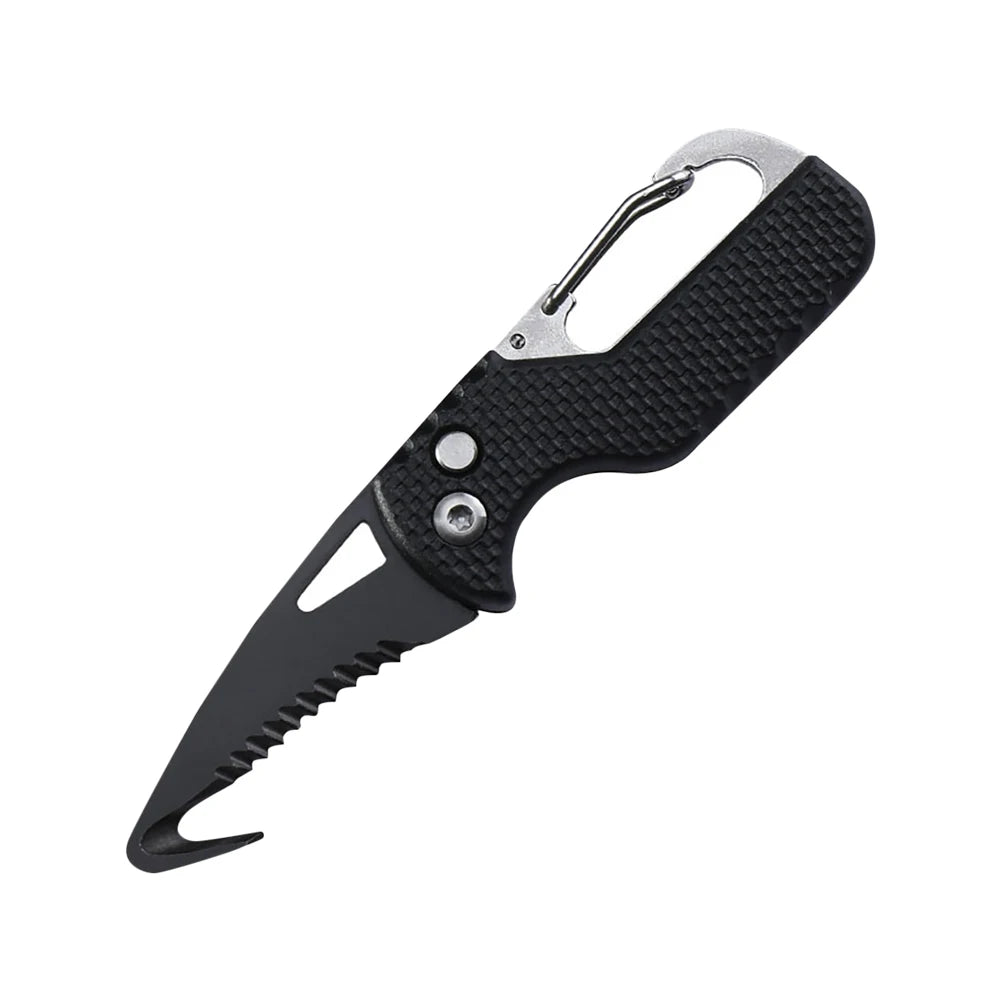 A black compact folding pocket knife with a silver gut hook visible.