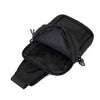 Black compact canvas crossbody bag with a zippered compartment and adjustable strap.