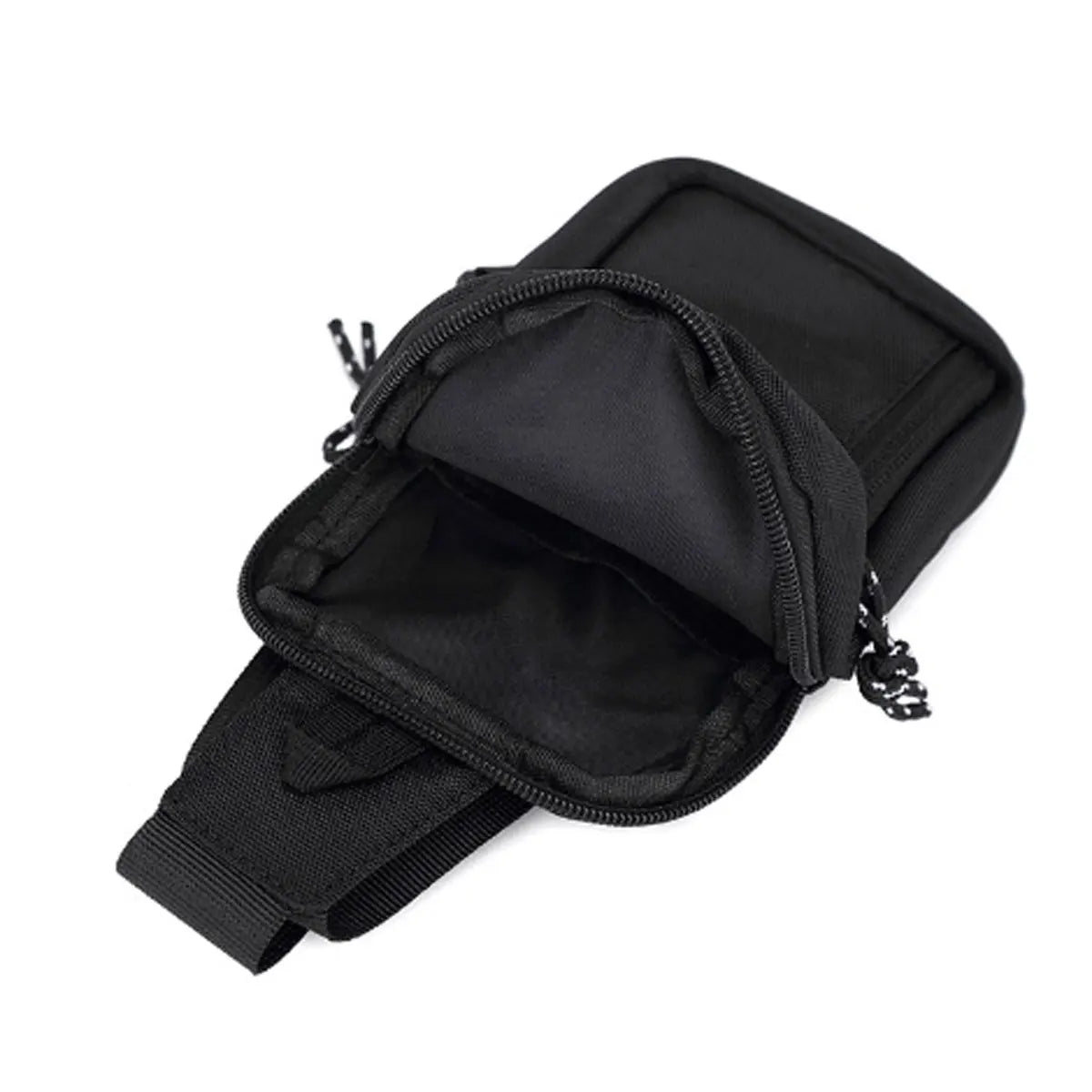 Black compact canvas crossbody bag with a zippered compartment and adjustable strap.