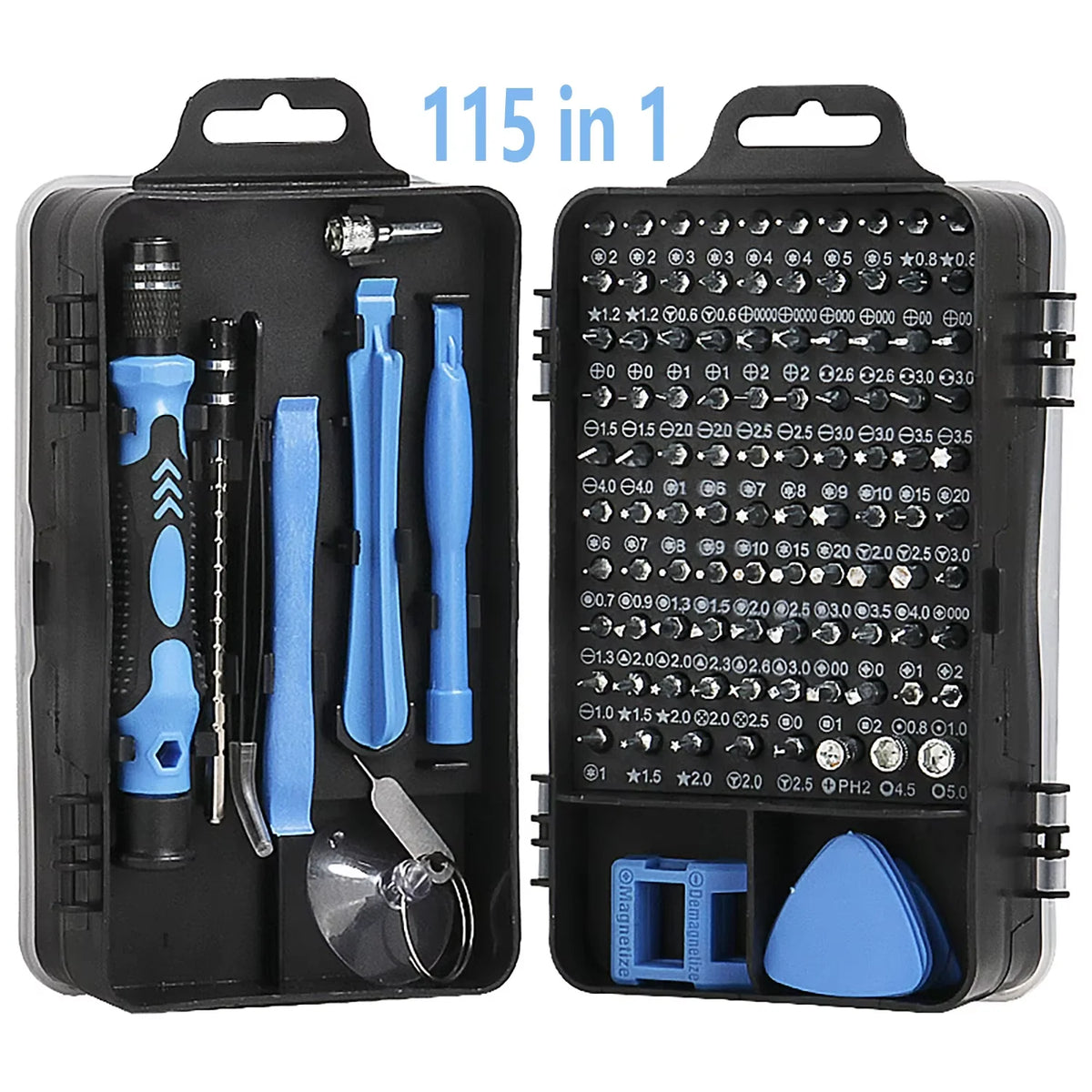 A black case containing a 115-in-1 precision screwdriver set with various chrome-vanadium steel bits and tools.