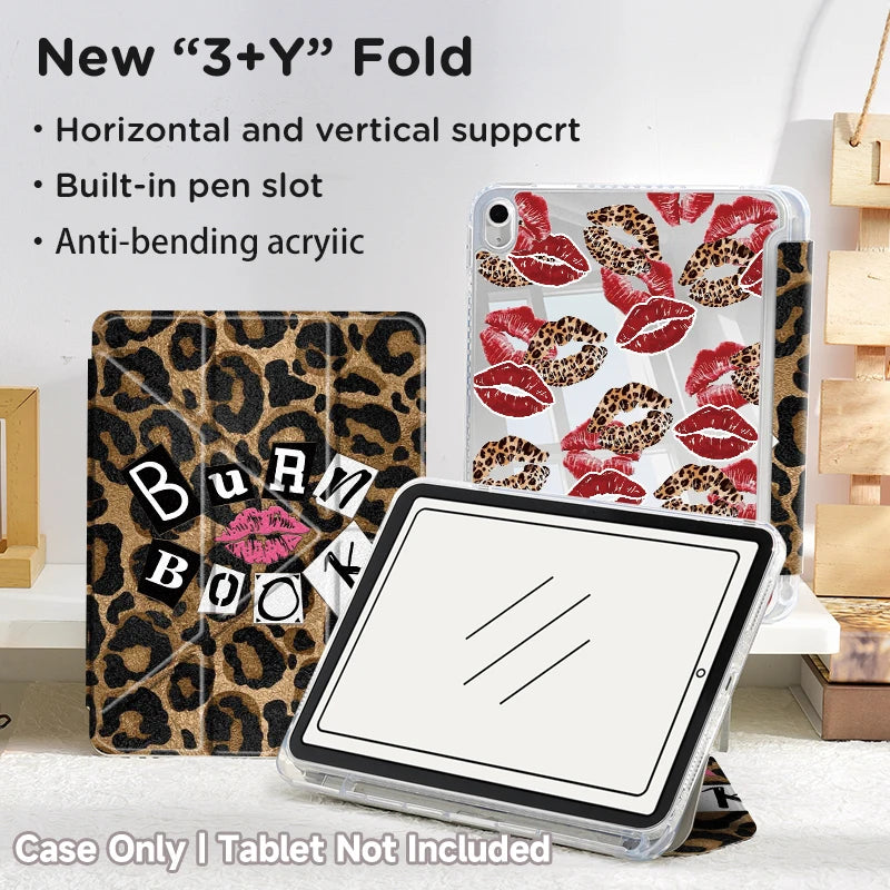 A clear protective case for an iPad featuring a new 3+Y fold design with built-in pen slot and anti-bending acrylic.