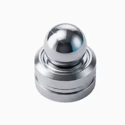 A polished silver metal desk spinner with a smooth, spherical top.