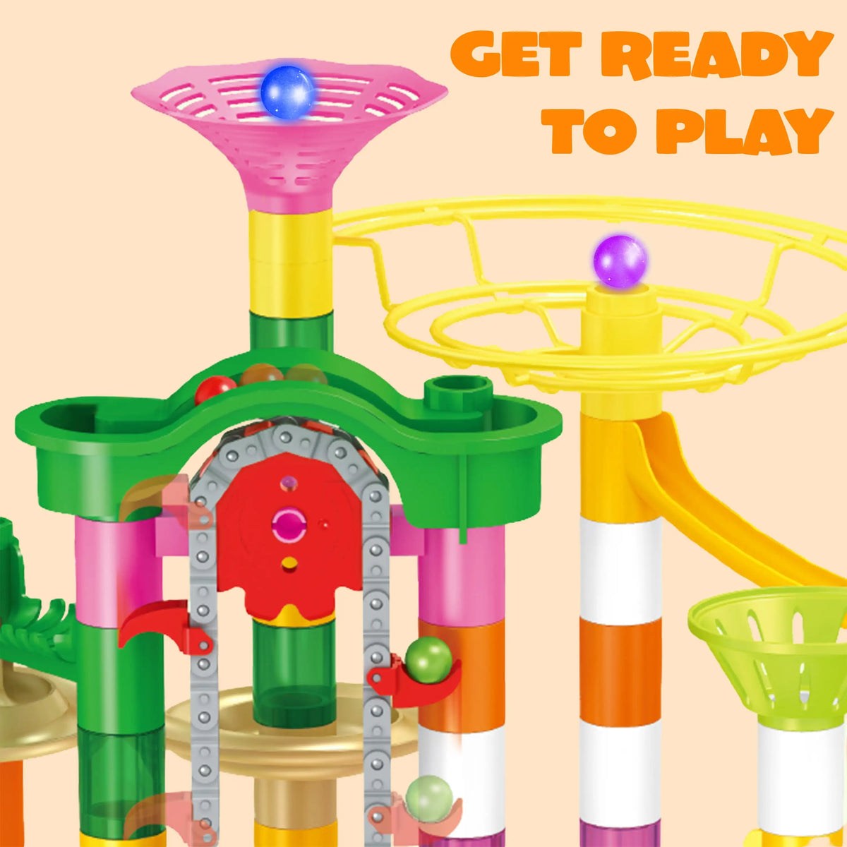 A colorful marble run building set with a motorized elevator and yellow track components for children.