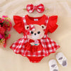 Baby Girl Plaid Romper Set with Bear Patch and Bow Headband
