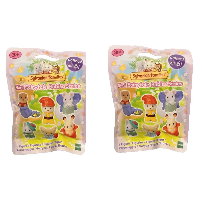 A pack of Sylvanian Families Mini Fairytale Babies Series figures with food accessories.
