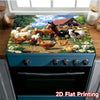 A 2D flat printed mat featuring a colorful scene of various farm animals in a field.