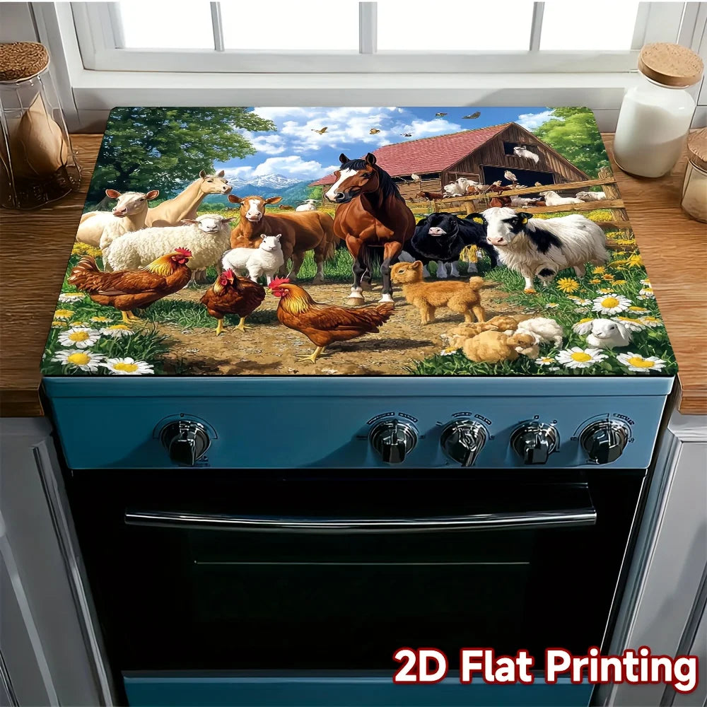 A 2D flat printed mat featuring a colorful scene of various farm animals in a field.