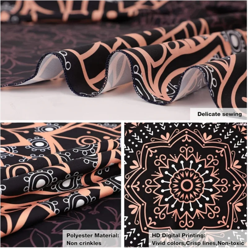 Close-up of a black and orange tapestry featuring intricate swirling patterns, showcasing delicate sewing and HD digital prin