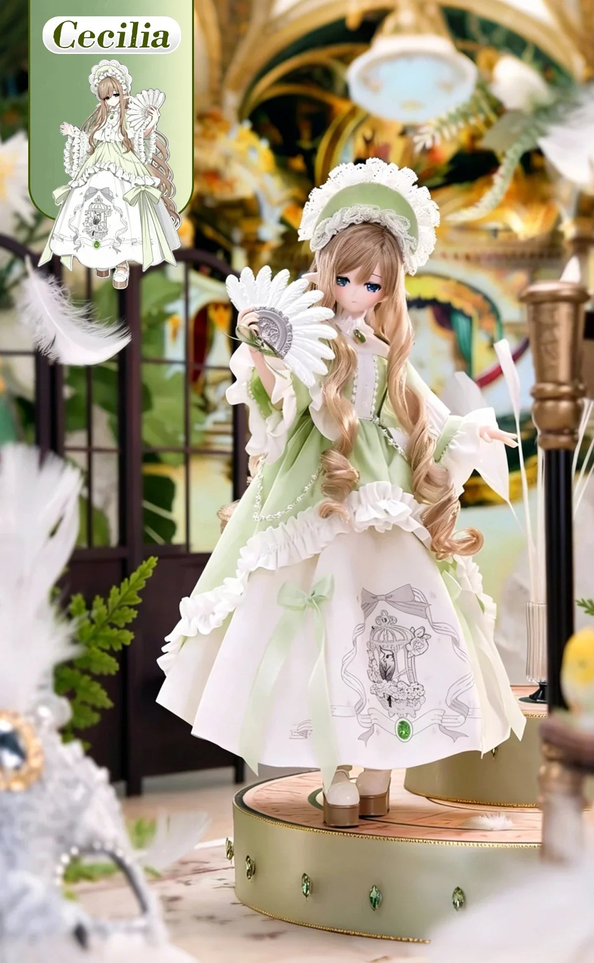A beautiful 1/6 BJD doll with long blonde hair and a white dress in mint green and white, displayed in a decorative setting.